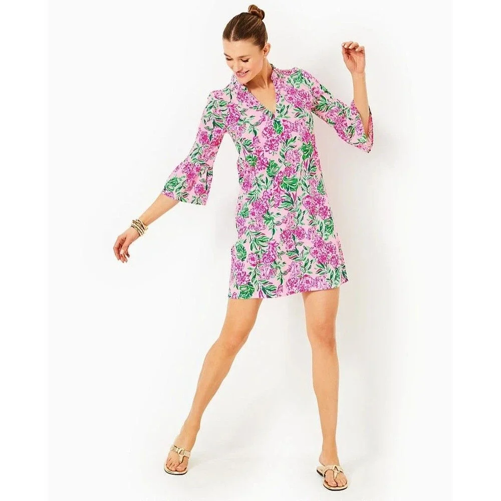 Lilly Pulitzer Hayes Conch Shell Ruffle Mini Dress Floral Print Cotton L 288174 - Picture 3 of 10